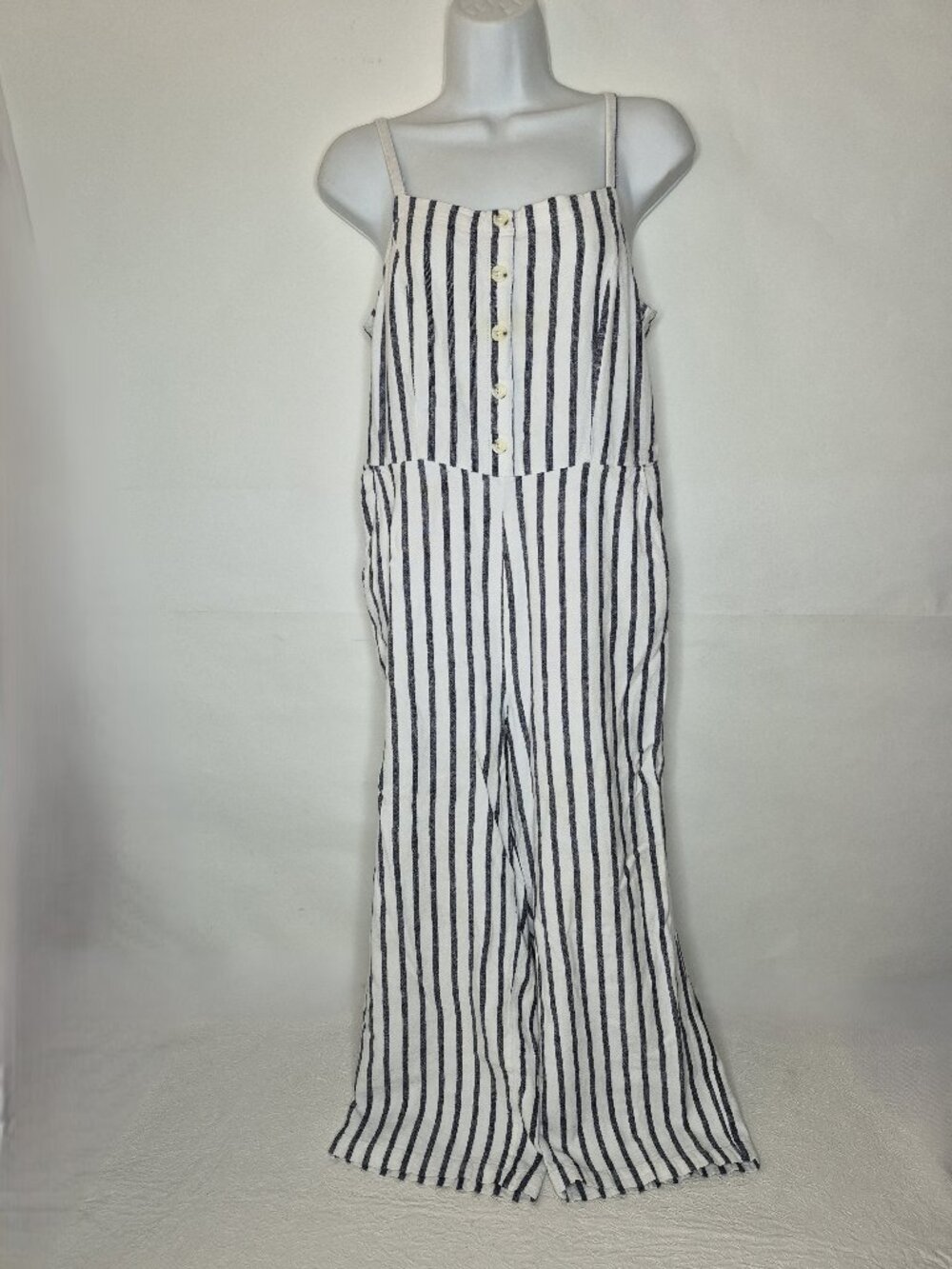 Old Navy Womens M Linen Blend Crop Strappy Striped Blue White Wide Leg Jumpsuit